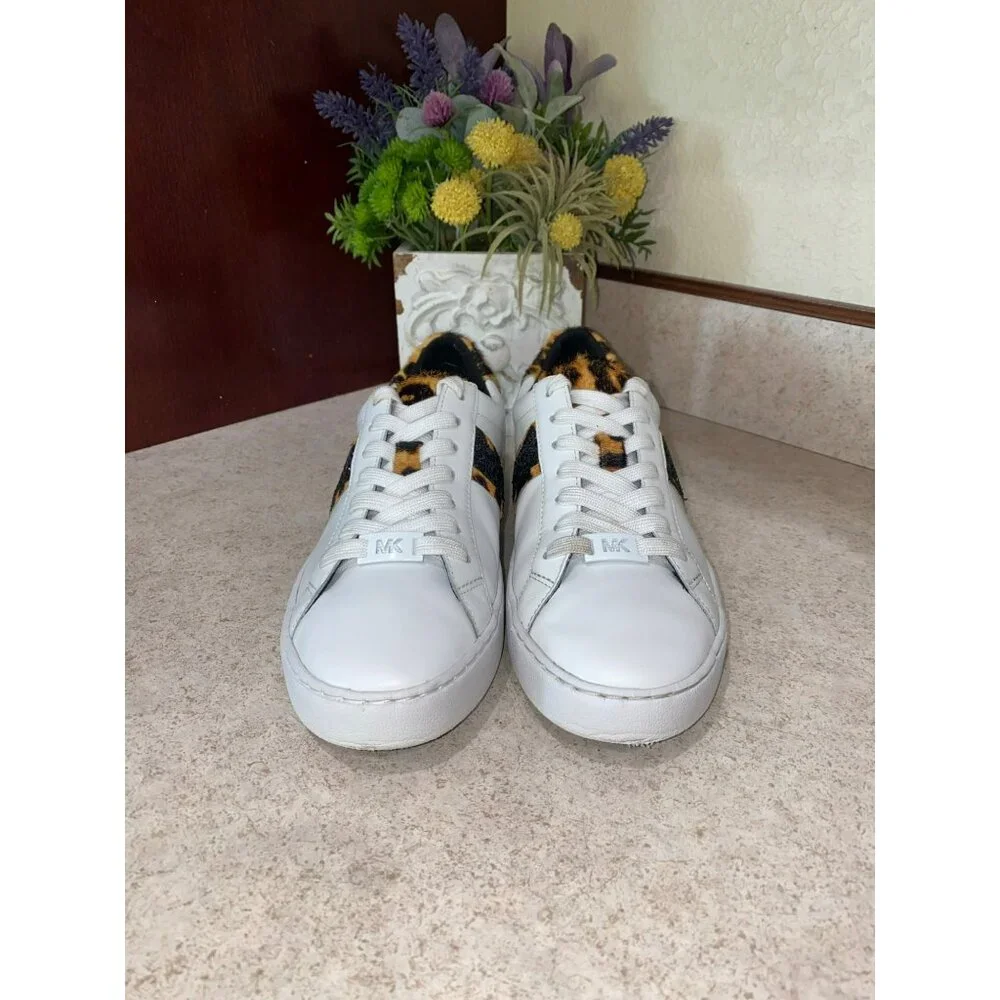 Michael Kors Irving Leopard Print Calf Hair and Leather Stripe Sneaker Size 7 gl